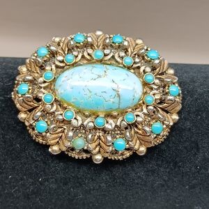 Exquisite Gold and Turquoise Brooch
